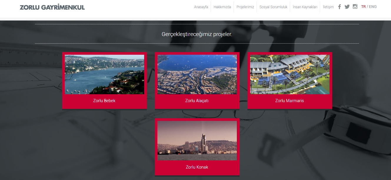 Zorlu Holding'in resmi internet sitesinde yer alan projeler