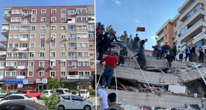 İzmir’deki şiddetli depremin yarattığı yıkım: Sekiz katlı binanın depremden önceki ve sonraki hali