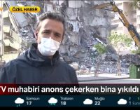 İzmir’de hasarlı bina canlı yayın sırasında yıkıldı